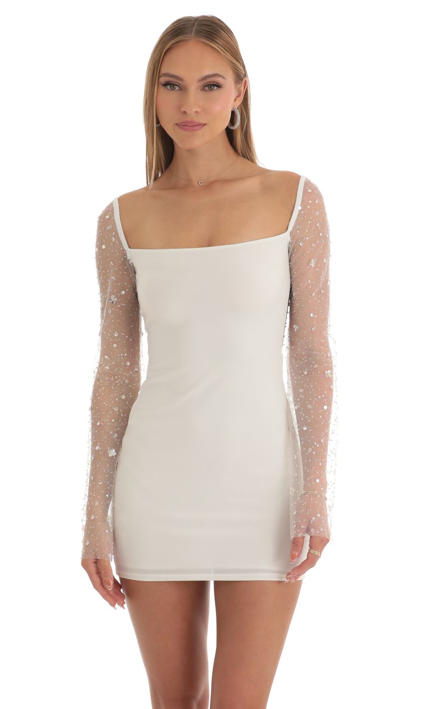 Sequin Long Sleeve Dress in White