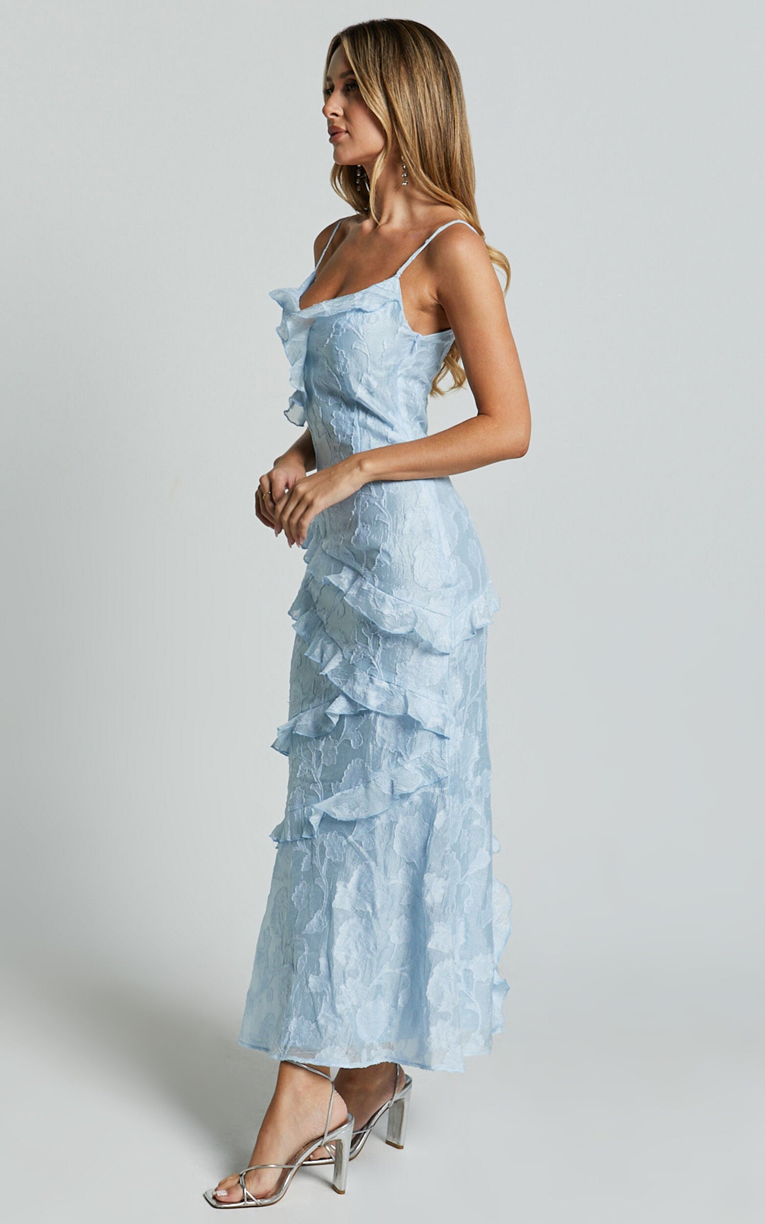 Michaela Midi Dress - Jacquard Ruffle Detail Tiered Dress in Light Blue